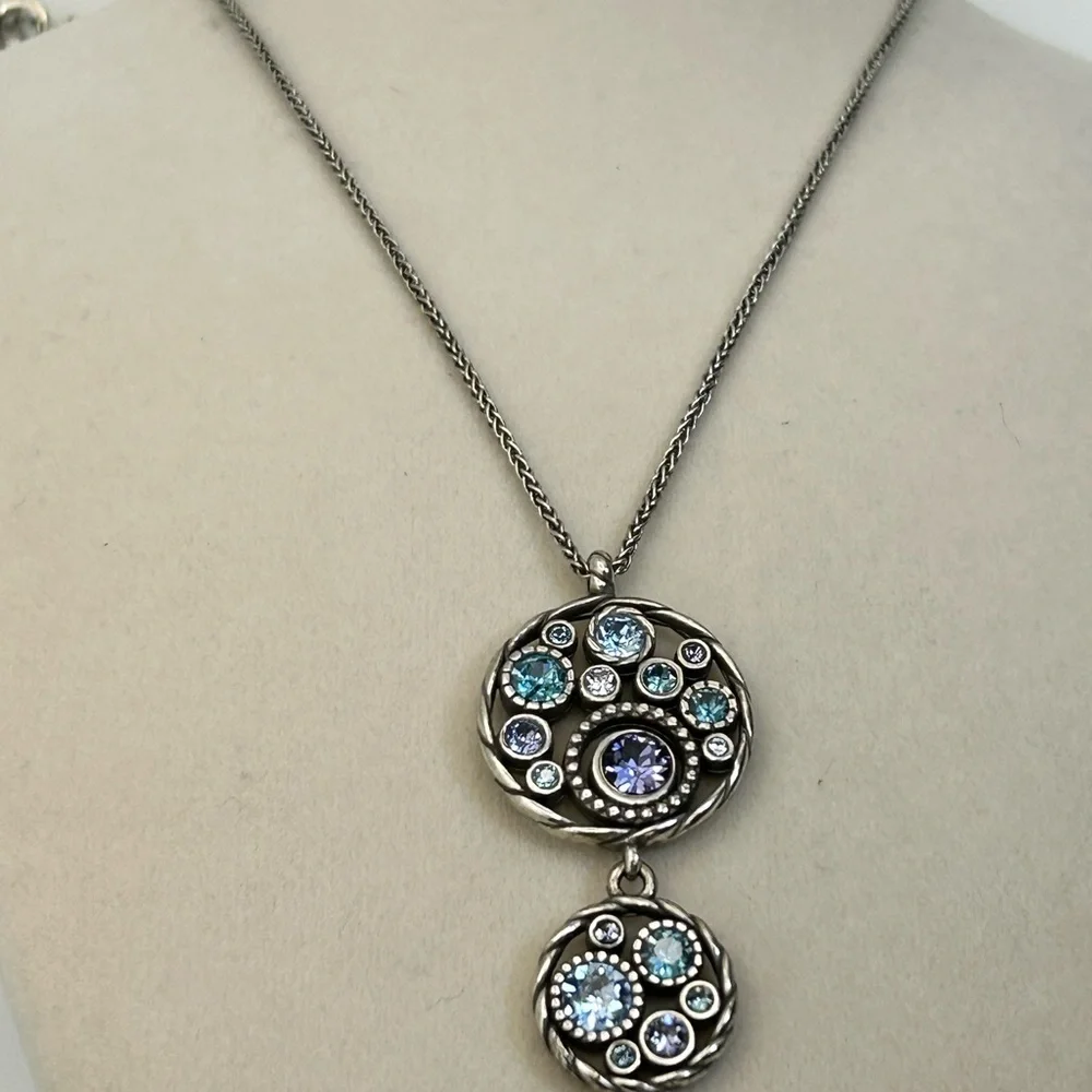 Brighton Halo Dual Pendants Necklace Silver Plated Blue Lavender Crystals